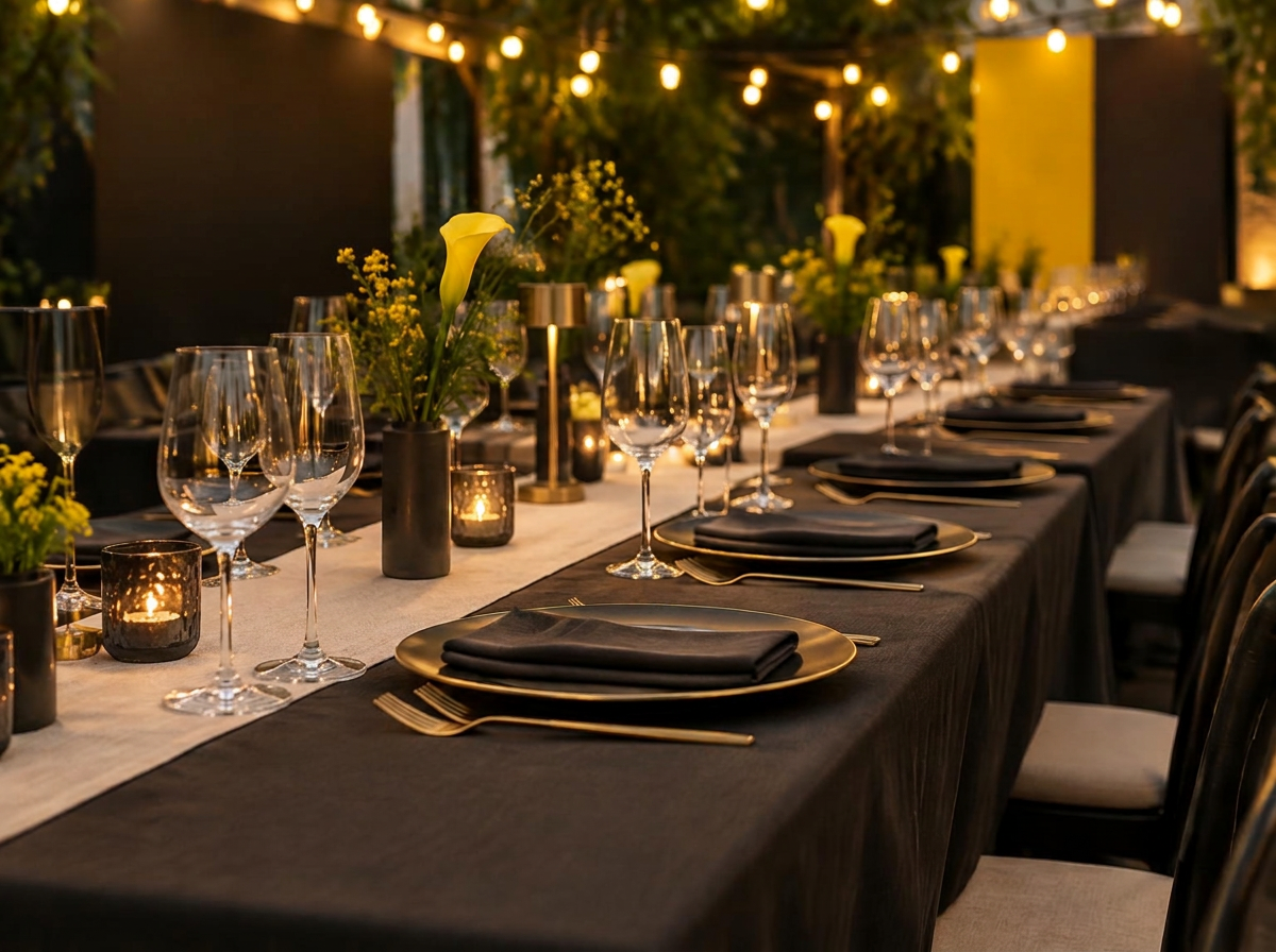 An elegantly set SimplyChops event table with wine glasses, candles and yellow florals