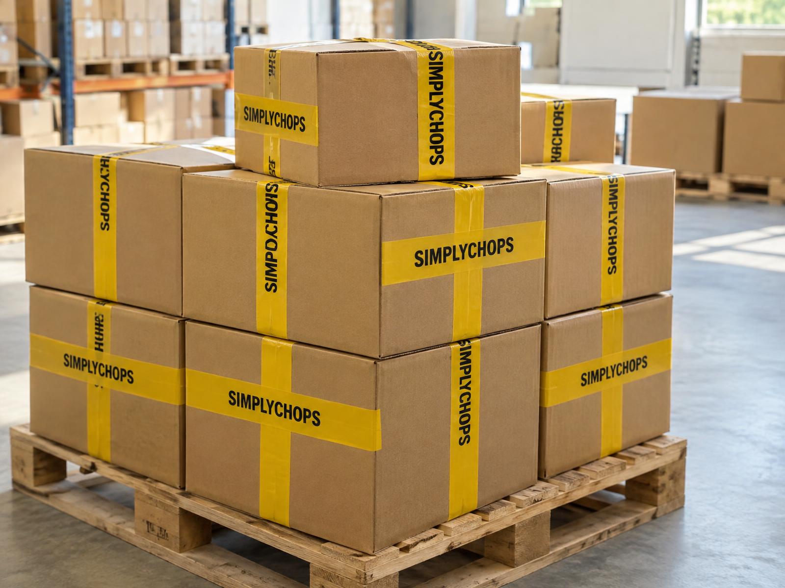 Pallet of SimplyChops kraft boxes sealed with yellow branded tape, ready for distribution